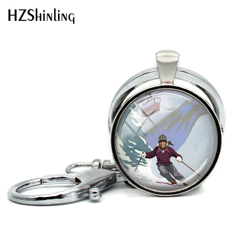 2018 New Skier Keychain Key Chain Women Vintage Ski Glass Cabochon Keychain Travel Poster Key Chain Women