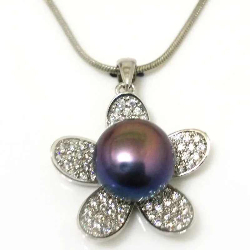 

18 inches Multiple Shiny Zirconia Flower Style 12-13mm Black Natural Button Pearl Sterling Silver Pendent Necklace