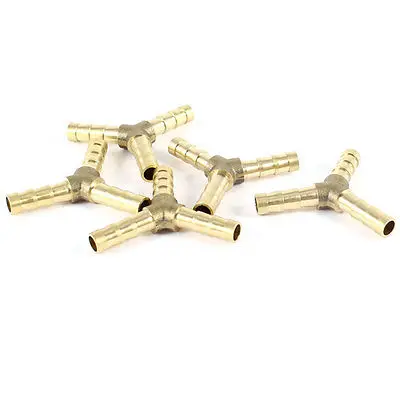 

5pcs 6mm Hose Y Shape 3 Ways Air Gas Brass Barb Fitting Connector Gold Tone