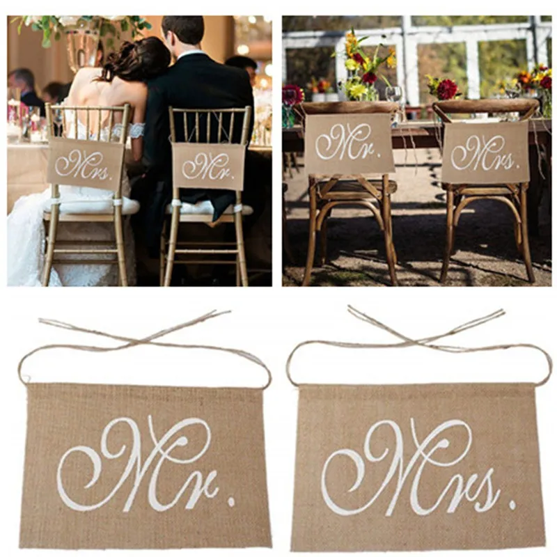 Hot sell Khaki Mr. & Mrs. Burlap Chair Banner Set Chair Sign Garland Rustic Wedding Decoration 5BB5608