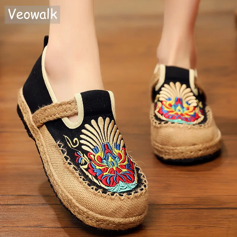 Veowalk Chuanju Mask Embroidered Women Linen Loafers Espadrilles Ladies Handmade Work Shoes Female Comfortable Platform Sneakers