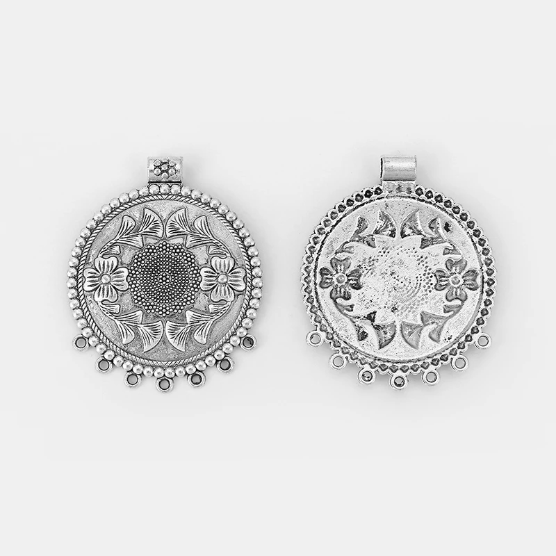 2pcs Tibetan Silver Boho Ethnic Large Round Charms Embossed Flower Pendants For Tassel  Necklace DIY Jewelry Making Findings