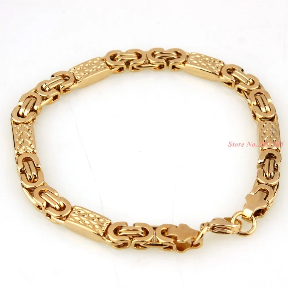 6mm Mens Chain Boy Necklace Gold Color Flat Byzantine Greek Pattern Link Stainless Steel Necklace Wholesale Gift Jewelry