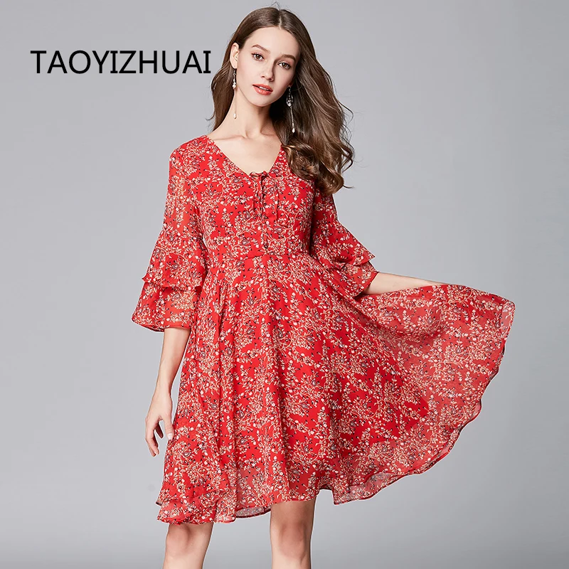 TAOYIZHUAI Mùa Hè mới đến màu đỏ bướm tay áo V-Cổ ba quý phù hợp và giá vé phong cách giản dị phụ nữ ăn mặc 11616