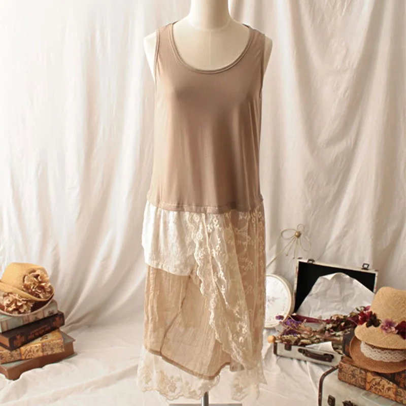 Harajuku mori menina doce vestido roupas femininas assimétrico retalhos algodão renda camada sem mangas kawaii meados de bezerro vestidos a023