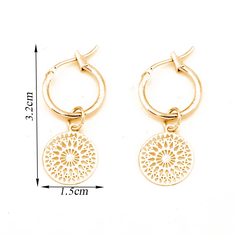 1Pair Classical Hollow Carving Pattern Round Hoop Earrings Women Chic Gold Metal Color  Circle Pendant Earring Jewelry E353-3