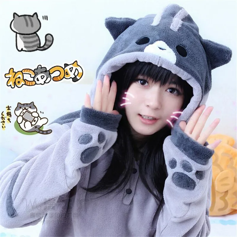 Hot Sale 2024 Kawaii Cosplay Costume Cute Cat Thicken Tops Hoodies Flannel Gray Hooded Sweatershirts Winter Coat Jacket