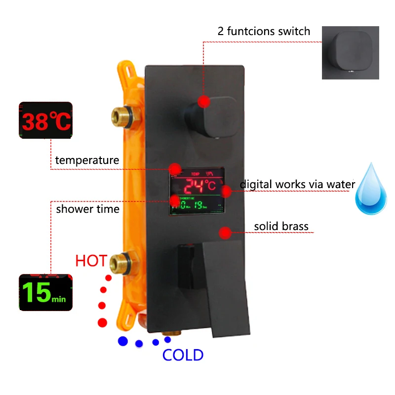 Imagem -03 - Kemaidi-black Brass Banheiro Led Shower Grupo Display Digital Torneiras Misturadoras Torneira 3-funções Sistema de Chuveiro