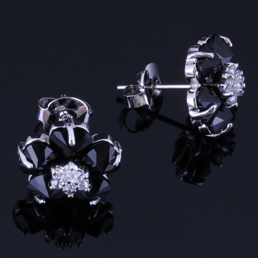 Graceful Flower Black Cubic Zirconia White CZ Silver Plated Stud Earrings V1041