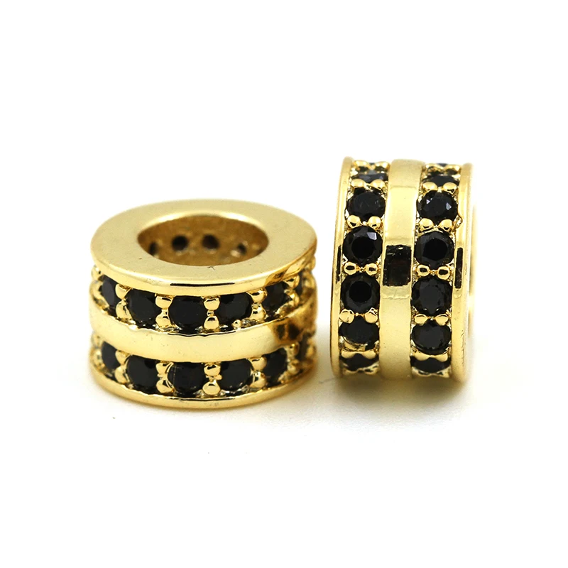 3pcs/Lot Round Tube Spacer Beads Tow Rows Micro Pave Balck CZ Big Hole Slider Accessories For Necklace Bracelet  Jewelry Making