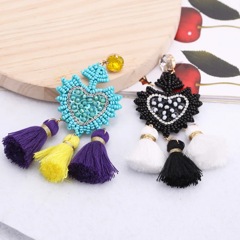 Sehuoran Bohemian Drop Earrings For Women Wedding Tassel Earrings Jewelry Heart Pendant Fringed BeadsHandmade Brand Design