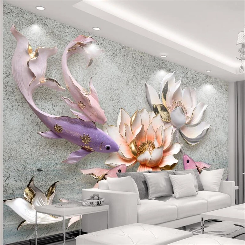 

Beibehang 3D Wallpaper Relief Lotus Fish Retro Fresh TV Background Wall Living Room Bedroom Mural wallpaper for walls 3 d photo