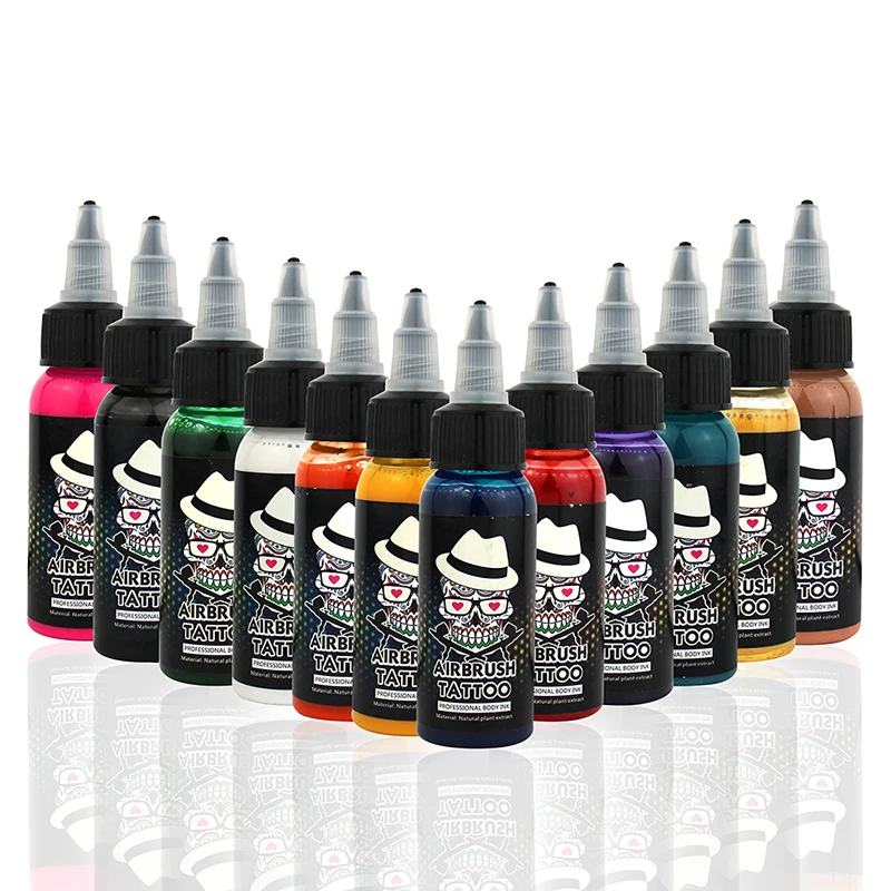 OPHIR 12 Colors 30ML/Bottle Airbrush Inks Pigment Acrylic Paint for Temporary Tattoo Airbrushing Body Paint Colors _TA053(1-12)