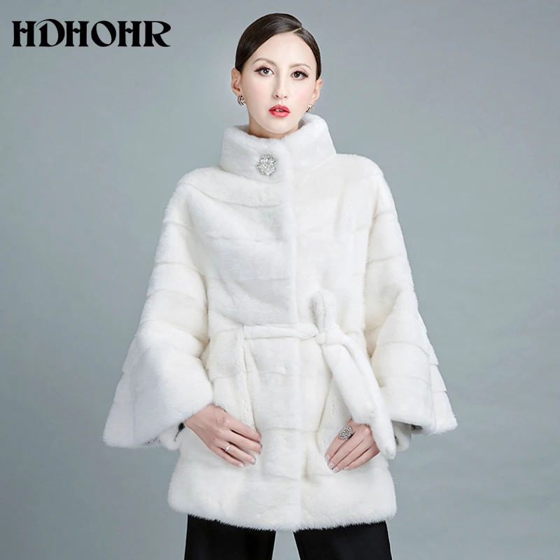 HDHOHR 2024 화이트 밍크 모피 코트, 천연 밍크 모피 코트, 벨트 포함, 진짜 스트립, 두꺼운 재킷, 여성 패션, 진짜 모피 코트, 신제품