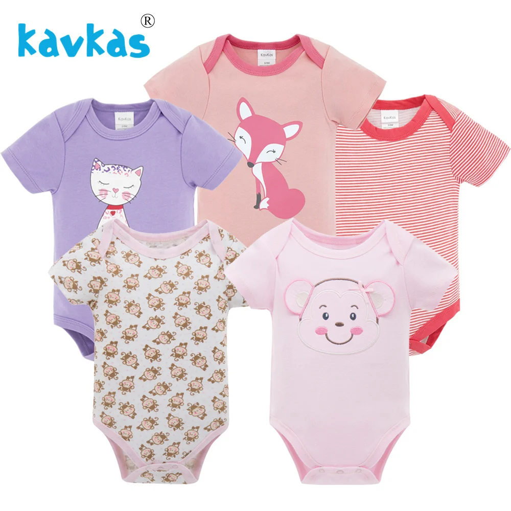 Kavkas Baby Bodysuits Short Sleeve Toddler Girls Boys Jumpsuit Set 5pcs Pack Summer Baby Girls Clothing Roupa De Bebes 3M 6M 9M