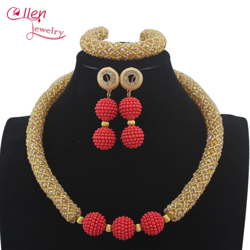 

Fashion Red Ball Luxury African Nigerian wedding bridal beads beaded necklace jewelry sets india dubai women jewelry sets W13107