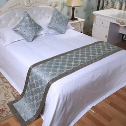 Veemi European Luxury Style Bed Table Runner Embroidered Rhombic Blue Bedding Bed Flag Towel Home Hotel Wedding Decorations