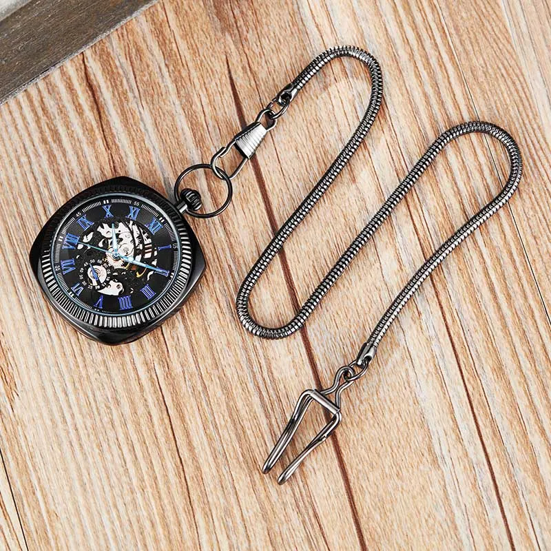 Antique Black Mechanical Pocket Watch Men Women Roman Numerals Dial Clock Luxury Golden Skeleton FOB Chain Watches Drop Ship