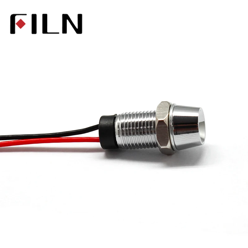 FILN 8mm 12v mini Metal LED Pilot Panel Dash Signal Indicator Warning light 20cm cable Chrome Finish Car Boat Marine pilot lamp