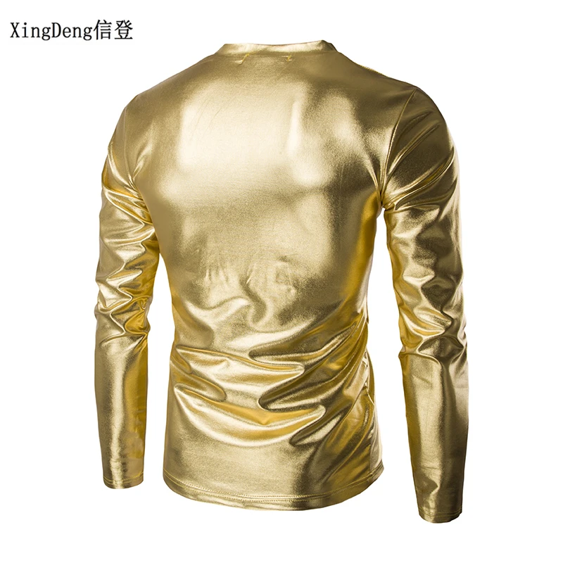 XingDeng Leather Sexy DJ Bar TOPS And Show Nightclub Clothing Men\'s Large Size Round Collar T-shirt Men Tees Spring Clothes