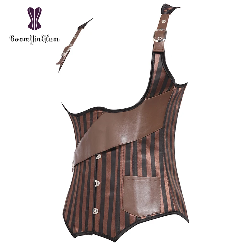 Adjustable Straps Women Brown Gothic Steampunk Boned Waistcoat Underbust Corset With Steel Boned J903#