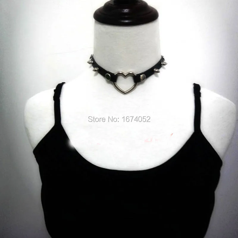 Harajuku Punk Gothic 100% Handcrafted Heart Choker Real Leather Spiked Spikes Collar Studded Sub Necklace