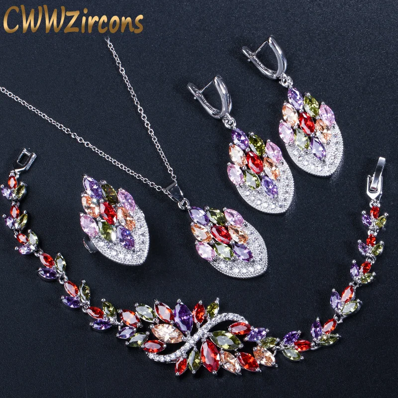 

CWWZircons Elegant Multi Red Purple Green Color Cubic Zirconia Crystal Luxury Brand jewelry Set for Women Christmas Gift T308