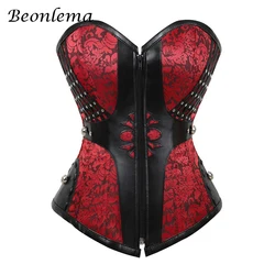 Beonlema Gothic Women Corset Sexy Bustiers Steampunk Faux Leather Corsets Lacing Up Black Red Goth Clothing With Zipper