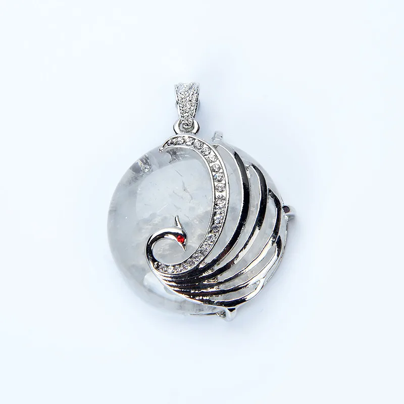 Fashion Jewelry Rose Pink Quartz Opal Aventurine Oblate Round Bead Inlaid Rhinestone Copper Metal Peacock Pendants for Necklace