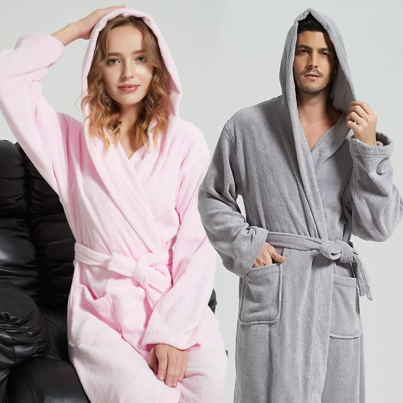 

Summer Men Long Bathrobe Hooded 100% Cotton Men Nightgown Warm Gowns Hooded Bath Robe Male Sleepwear Flannel Thickening Pajamas