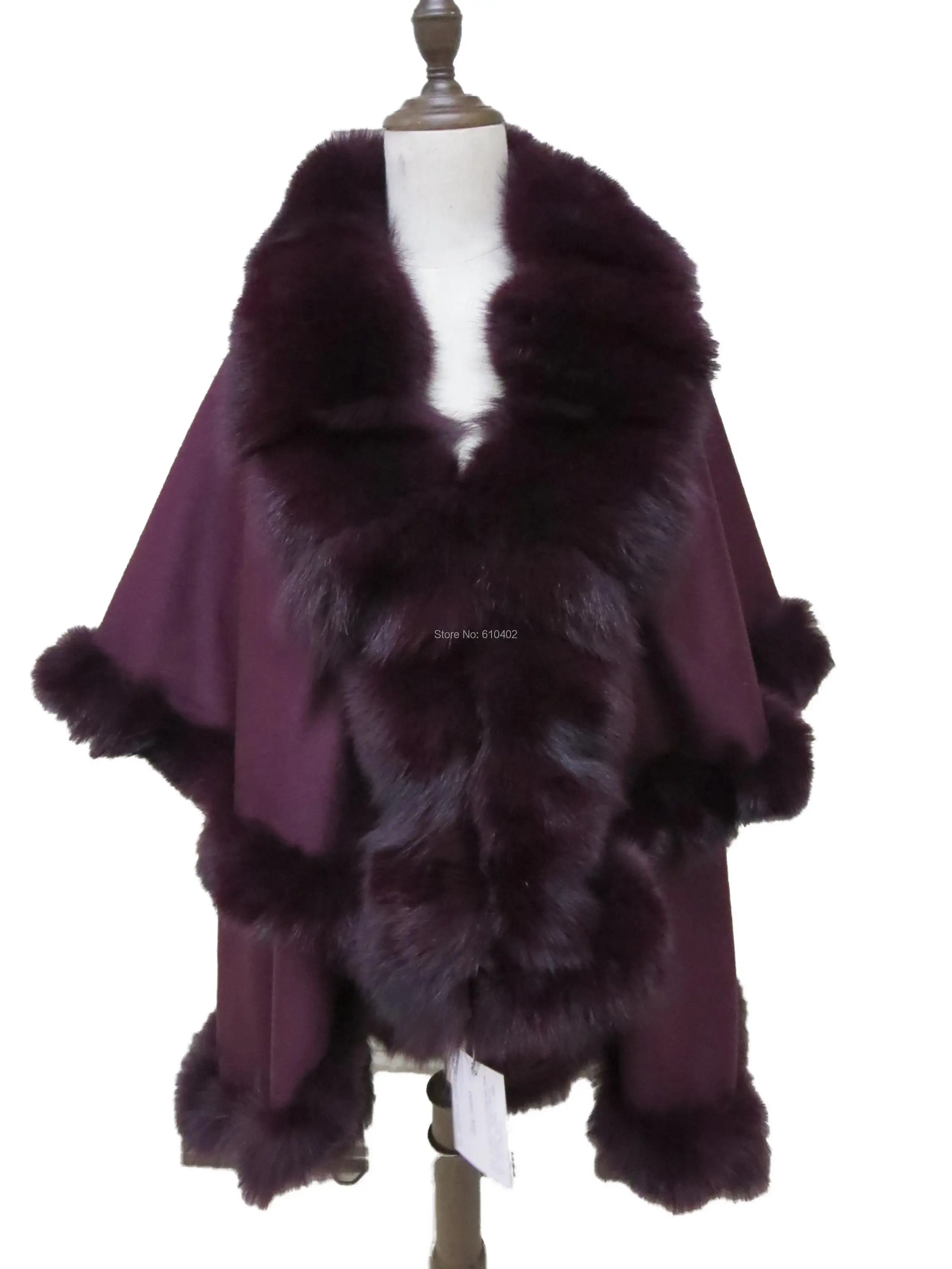 Genuine Fox Fur Real Cashmere Cape For Women Winter Shawl Wraps Poncho Wine Red