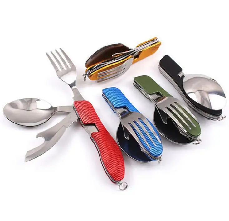 

240CS Multi-function Outdoor Camping Picnic Tableware Stainless Steel Cutlery 4 in 1 Folding Dinnerware Set&Bottle Opener SN1660