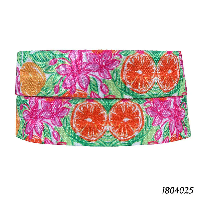 (50 yards/lot) Beautiful summer holiday foe, pink flower and lemon printed elastic ribbon roll