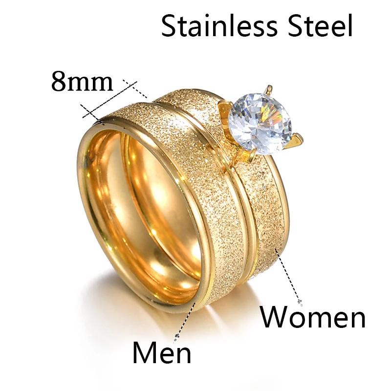 Auxauxme Bling White Stones Engagement Rings for Couples Golden Titanium Steel Romantic Wedding Ring Women Men Jewelry