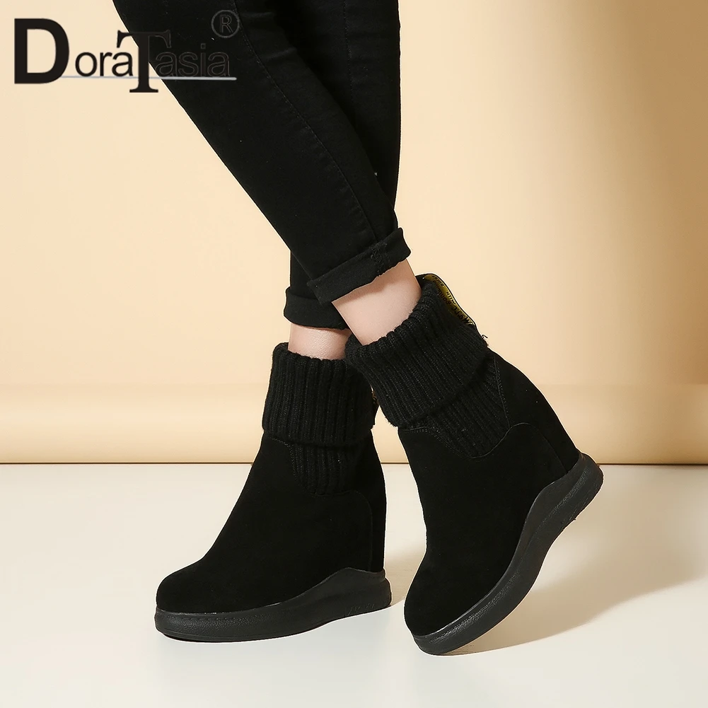 

DoraTasia Youthful Ankle Booties Women Natural Cow Suede Autumn Winter Short Plush Platform Shoes Woman Height Increasing 32-40