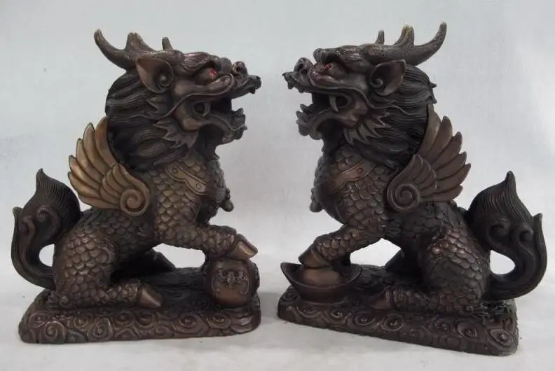 China Feng Shui Bronze Copper Evil Dragon Beast Foo Dog Lion Kirin kylin Statue