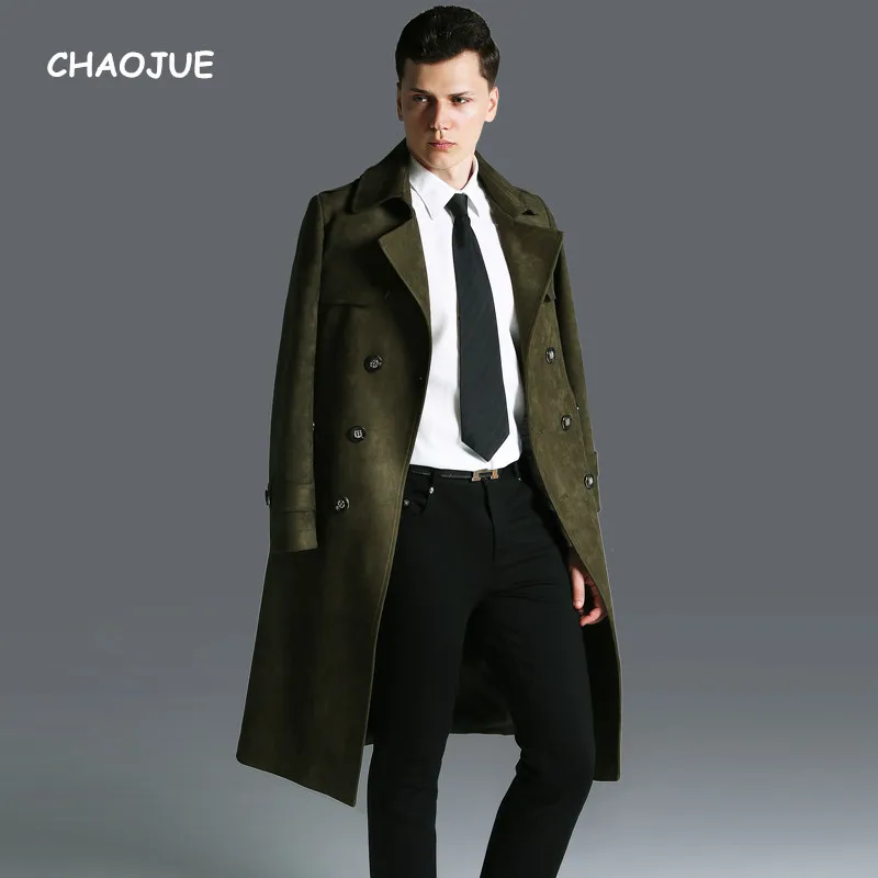 CHAOJUE Faux Long Suede Trench for man England Slim Fit Plus size 6XL Coat Fashion Army Green Overcoat Free Shipping