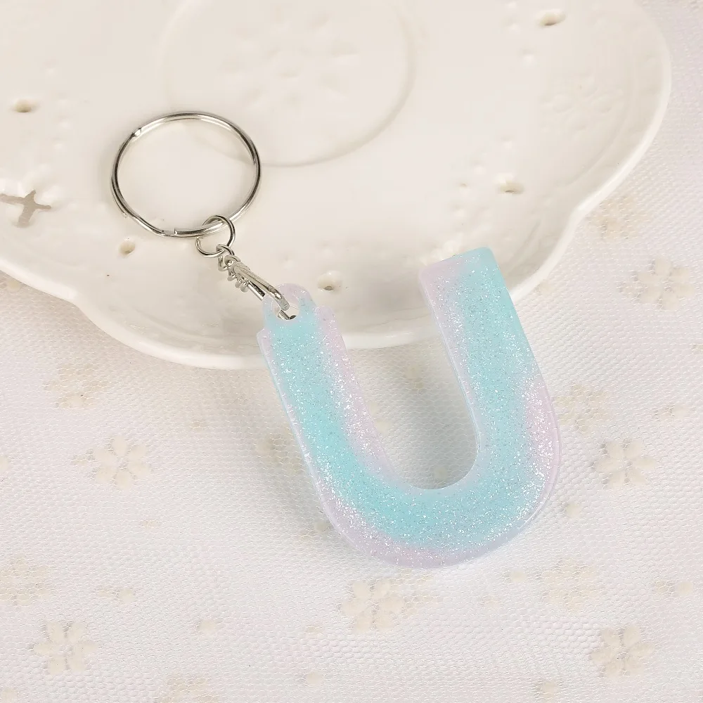 1PC KEYRING pink/blue English word English Letter Keychain  glitter resin A TO Q handbag charms for woman