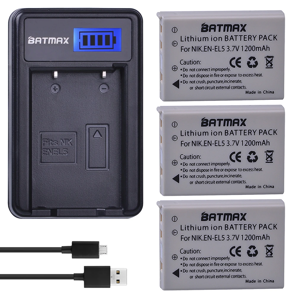 Batería de cámara de iones de litio, Cargador USB LCD para NIKON Coolpix P530 P520 P510 P100 P500 P5100 P5000 P6000, 3,7 V EN-EL5 EN EL5, 3 uds.