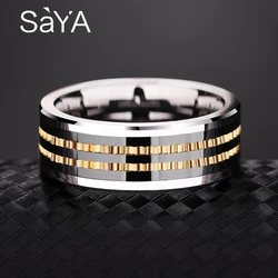 8mm Width Wedding Rings for Men Tungsten Carbide Band Gold Color Rotary Gear and Black Plating, Engraving