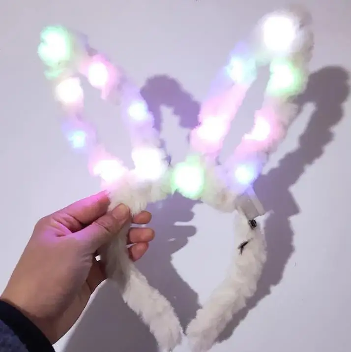 LED Flashing Plush Rabbit Ears Headband Women Girls Bunny Light Up Hairband Headwear Glowing Hoop Wedding Birthday Party Favors