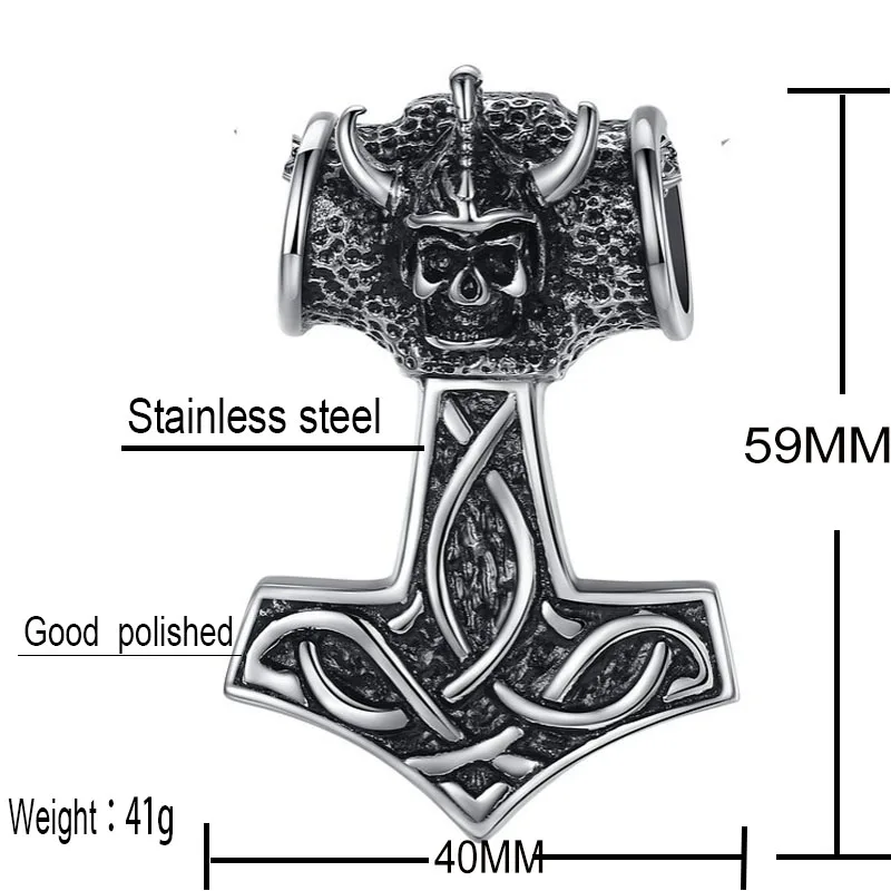 Valily Mens Silver Thor hammer skull pendant necklace Stainless steel Norse Viking Necklace jewelry punk long necklaces 23