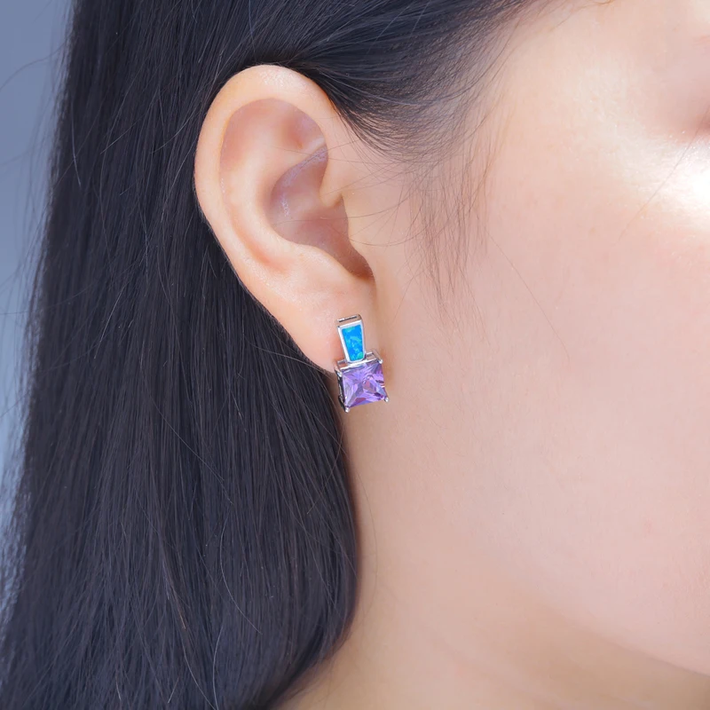 CiNily Silver Color Wholesale Hot Sell for Women Jewelry Created Blue Fire Opal Purple Zircon Gift Stud Earrings 16mm OH2725