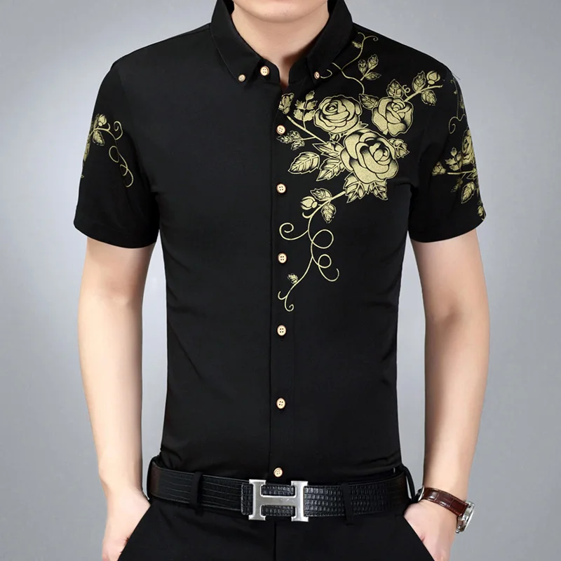 2017 New Cheap Fashion Floral Mens Shirts Summer Short Sleeve Male Shirt Formal Flower Printed Dress Shirts for Men