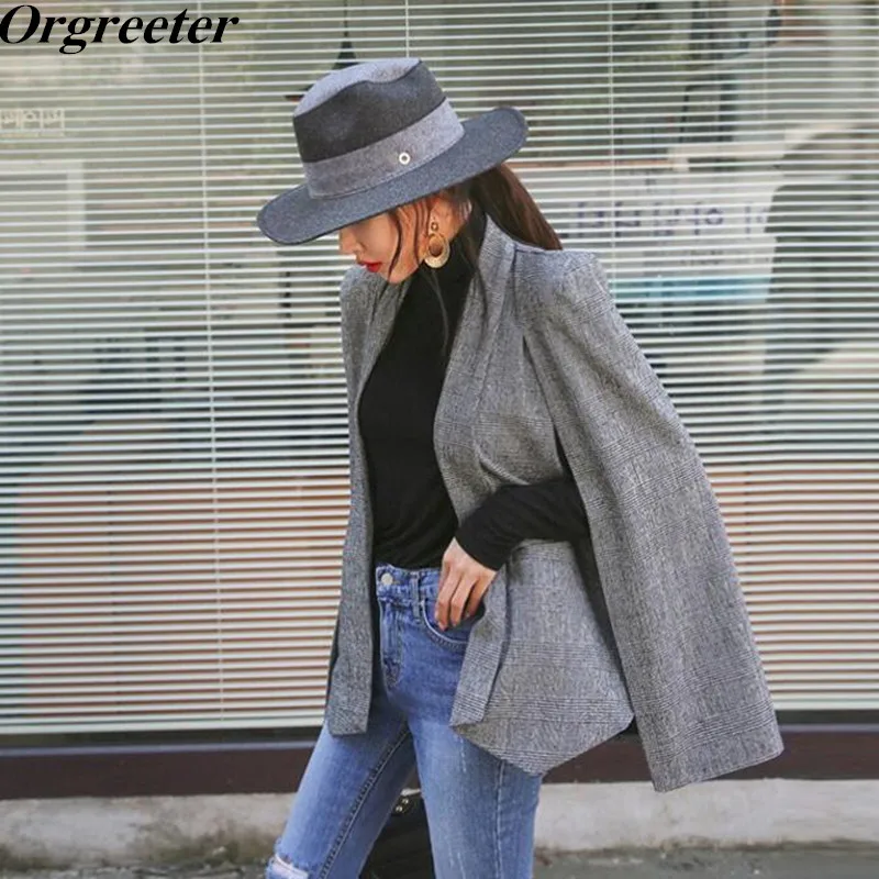 High Street Women Cloak Coat 2018 Autumn Runway Fashion Gray Shawl Poncho Cardigan Coat Long Sleeve Lapel OL Style Outwear