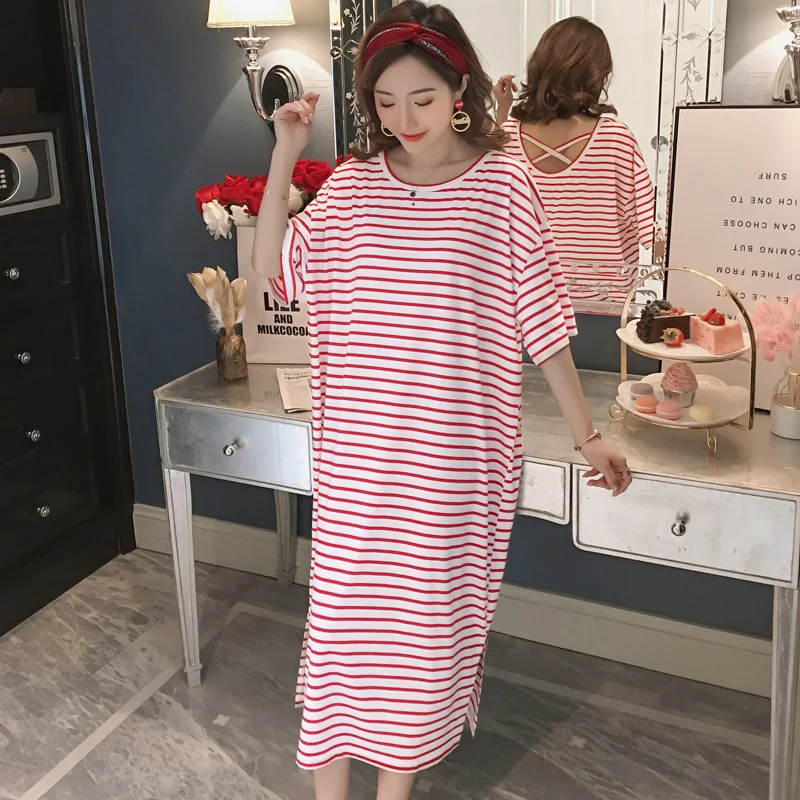 #0709 Mùa Hè Sọc Áo Đầm Nữ Cotton Midi Đầm Nữ Ngắn Tay Hở Lưng Rời Dài Áo Thun Đầm Nữ cổ Tròn