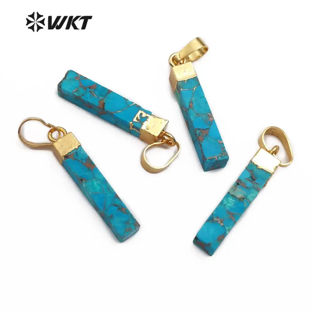 WT-P1453 WKT Gold Electroplated Rectangle Cylindrical Blue Vein Turquoises Pendant Women Fashion Necklace Pendant Jewelry 2