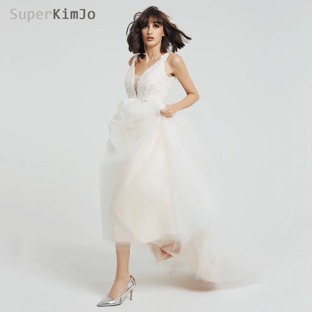 Superkimjo 2019 Manik-manik Gaun Prom Gaun Vestido De Festa Renda Bordiran V Leher Champagne Prom Gaun Vestido De Baile