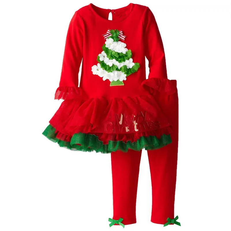 

Christmas Tree Baby Girls Clothes Suits Red Girl Tutu Dress + Pants 2-Pieces X'mas Clothing Sets Children Blouse Trouser Outfits