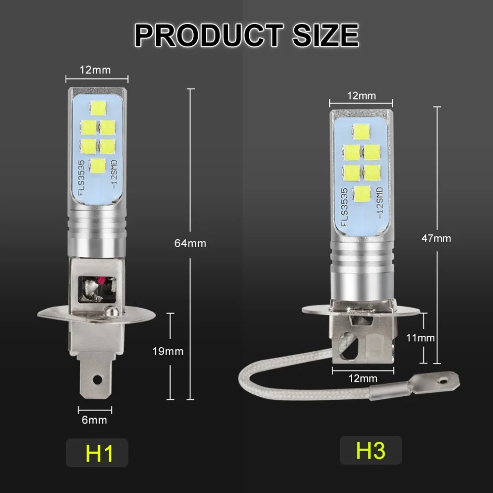 2Pcs H1 H3 LED Bulb Super Bright 12 3535SMD Car Fog Lights 12V 24V 6000K White Driving Day Running Lamp Auto